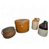 Copper Kettle, Tin Carrier, Two Stoneware Jugs