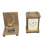 Brass Carriage Clock And Brass Inkwell Duo