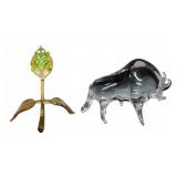 Glass Bull Figurine and Frog-on-Leaf Art Glass
