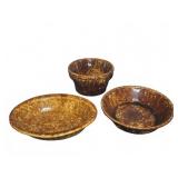 3 Brown Glazed Stoneware Mixing Bowls