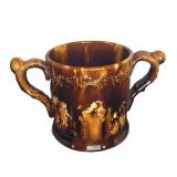 Brown Glazed Ceramic Loving Cup With Relief Decor