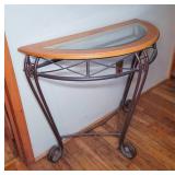 Metal and Wood Demilune Glass Top Console Table