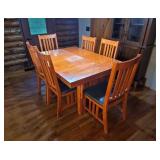 Mission Style Oak Dining Table, 6 Chairs + Leaf