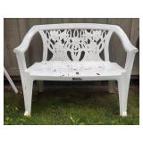 White Plastic Outdoor Bench with Floral Backrest