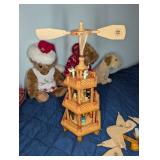 Plush Bears and Dog with Wooden Christmas Pyramid
