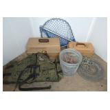 Fishing Gear Lot with Tackle Boxes, Nets and Vest