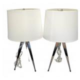 Pair Modern Chrome Tripod Table Lamps With Shades
