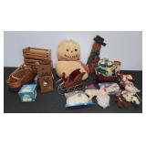 Christmas Decor Lot Plush Snowman Wood Trays Tins