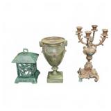 Patinated Metal Lantern, Urn, Candelabra Trio