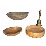 Wood Bowls and Brass Hand Bell Grouping