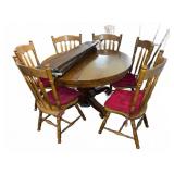 Round Oak Dining Table With Six Spindle Chairs