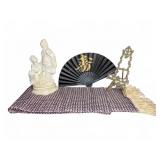 Asian Figurine, Metal Easel, Fan, Woven Runner Lot
