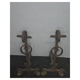 Pair Wrought Iron Andirons with Scroll Design
