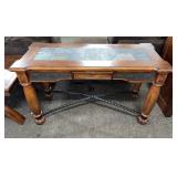 Wood Console Table With Stone Top & Metal Accents