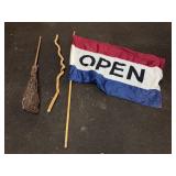 Open Flag with Pole, Handmade Broom, Walking