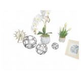 Home Decor Lot: Metal Orbs, Plants, Frame