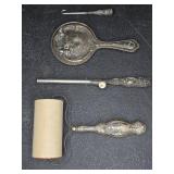 4 Silver Vanity Items: Mirror, Hook, Roller