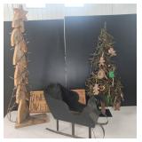 Rustic Christmas Decor Lot: Trees, Sleigh, Sign
