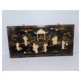 Asian Black Lacquer Wall Panel with Inlaid Figures