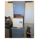 Mini Fridge With Blue Cabinet And Corvette Posters