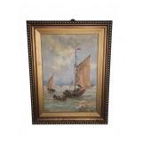 Signed Seascape Painting With Sailing Boats