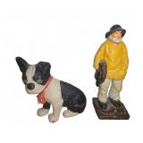 Cast Iron Fisherman and Boston Terrier Figures