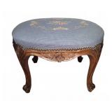 Upholstered Wooden Footstool W/ Floral Needlepoint