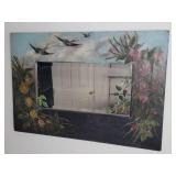 Floral and Bird Painted Wall Mirror, Rectangular