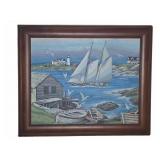 Seaside Painting W/ Sailboats & Lighthouse Framed