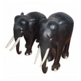 Pair Black Elephant Wood Figurines W/ White Tusks