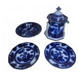Flow Blue Ironstone Plates and Sugar Jar Damaged