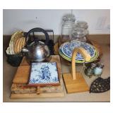 Kitchen Lot: Kettle, Jars, Plates, Accessories