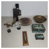 Lot: Enamel Boxes, Turtle Clock, Brass Bowl