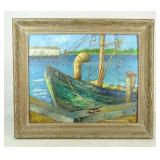 Painting: Dock with Boat signed 'V. MANSEAU'