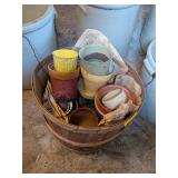 APPLE BASKET OF VINTAGE STONEWARE POTS & MORE