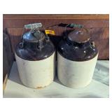 2 - STONEWARE BROWN & WHITE PRESERVE CROCKS