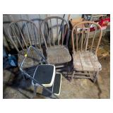 STEPSTOOL & 3 VINTAGE WOODEN CHAIRS
