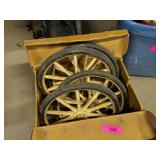 4 VINTAGE WOODEN SPOKE WHEELS IN MILLER BOX
