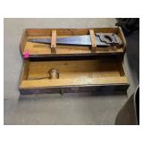 VINTAGE WOODEN CARPENTERS TOOLBOX W SAWS & MALLET