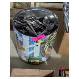 POPCORN TIN OF STAINLESS SILVERWARE, MOSTLY SPOONS