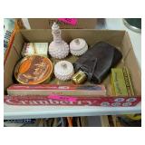 VINTAGE TINS, FLASK, DECANTER, HANDYMAN SCREWDRIVR