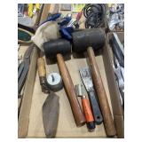 2 RUBBER MALLETS, GLOVES, BRUSH, AND MORE
