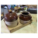 2 BROWN & WHITE STONEWARE ITEMS - JUG AND BEANPOT