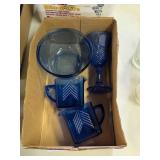 BLUE GLASS MINI PITCHES, CHALICE, AND ANCHOR BOWL
