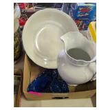 ANTIQUE WATER PITCHER, BASIN, AND BLUE GLASS PCS