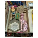 VINTAGE FIGURINES, METAL TRAY, & BRASS CRUMB BOX