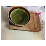 PINK DEPRESSION GLASS TRAY AND 2 STONEWARE BOWLS