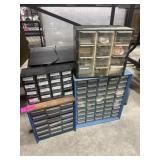4 SMALL HARDWARE ORGANIZERS, WITH SOME HARDWARE
