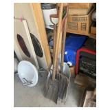 2 PITCH FORKS, 3 SHOVELS