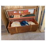 CEDAR CHEST WITH VINTAGE CLOTHING & BLANKETS